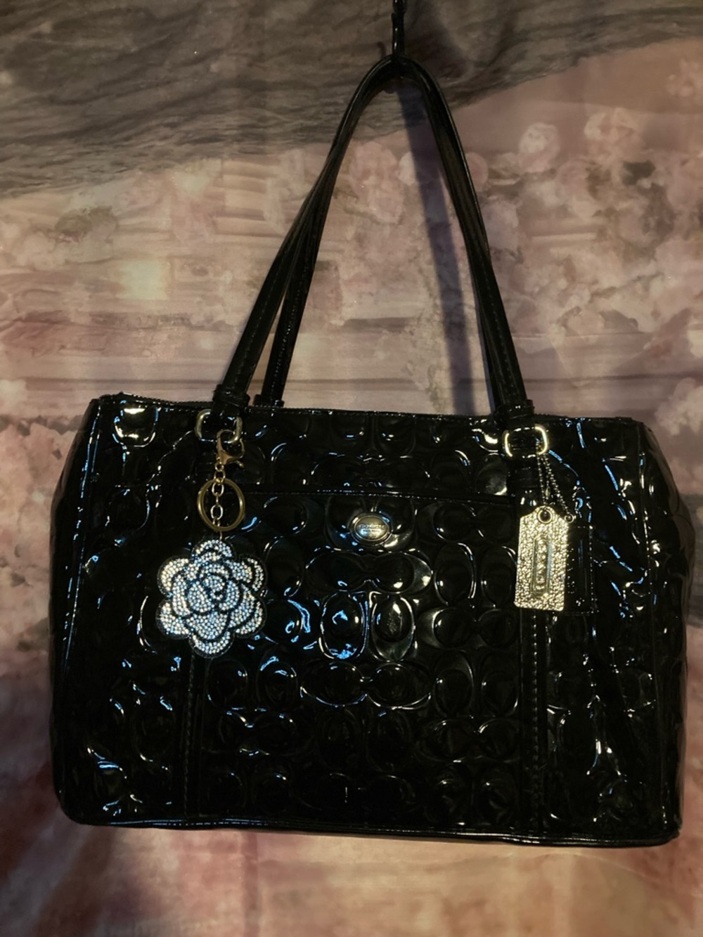 Coach Black Patent Tote with Jeweled Flower Charm